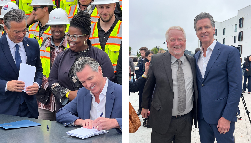 Photo collage: Gov Newsom signing bills, Gov Newsom alongside Partnership CEO Matt Schwartz
